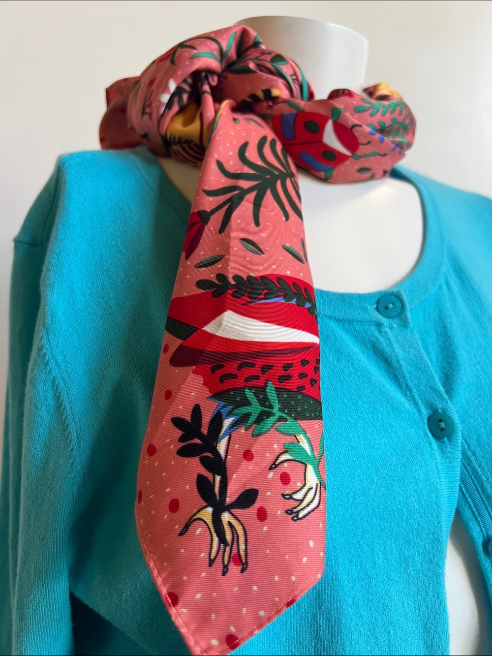 Vibrant Coral Bird & Botanical Print scarf Wrap handkerchief top accessory - Picture 5 of 8
